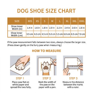 Paw measurement guide, how to measure, and sizing chart for outdoor anti-slip thick mesh dog boots.