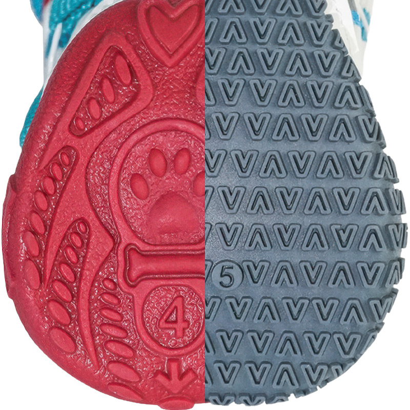 Split view comparing red small pup treads with gray durable walking shoes for large dogs vulcanized soles.