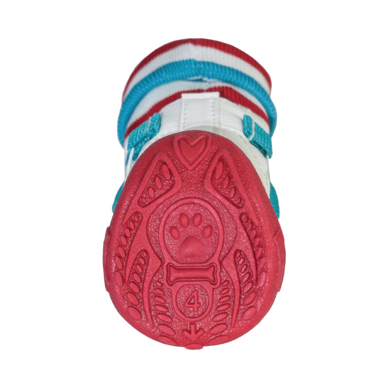 Small Breed Pliable Red Rubber Outsole Grip Pattern Underneath view of outdoor dog shoes with rubber sole in red showing the heart shaped traction grips for small pups.