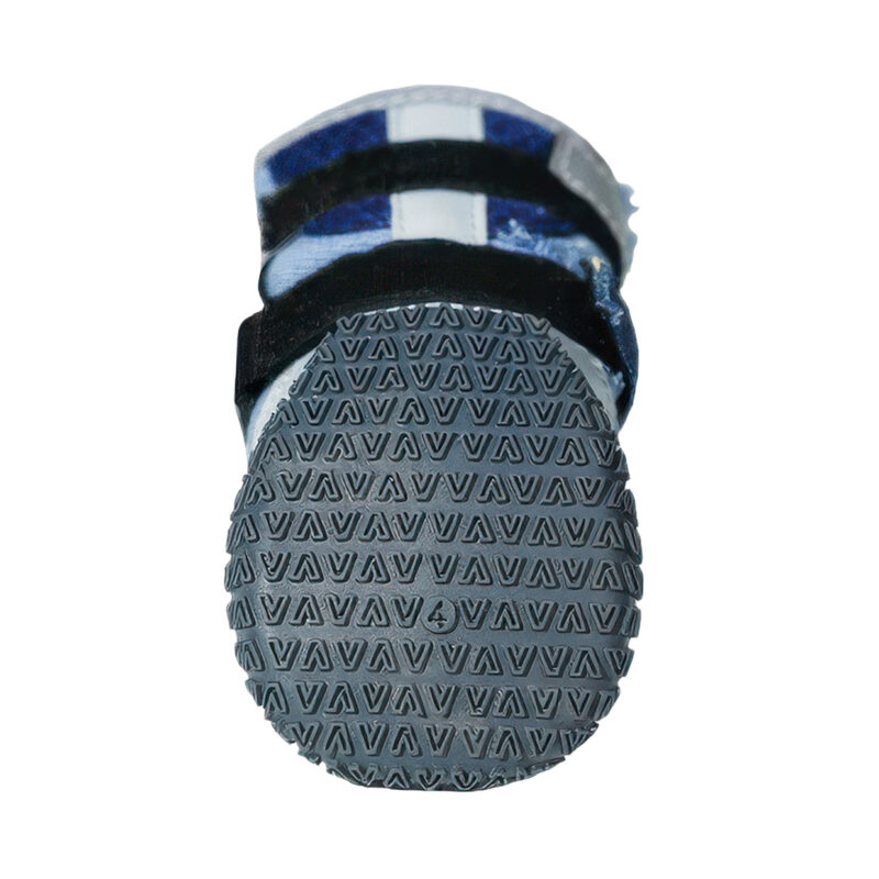 High Friction Vulcanized Rubber Outsole Anti Slip Wave Texture Underneath view of outdoor dog shoes with rubber sole showing the deep anti slip wave block patterns and sizing markers.