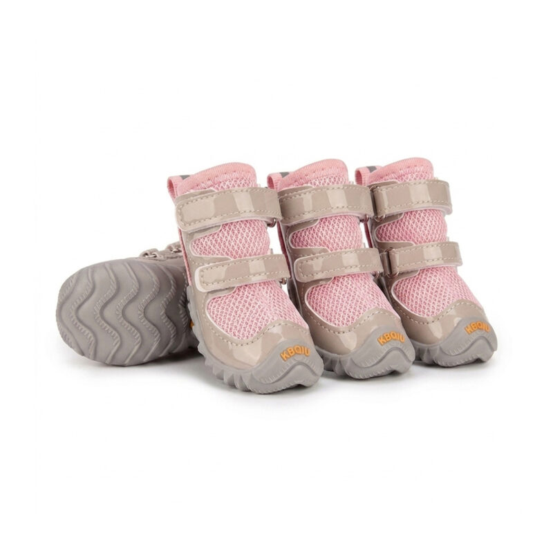 Paw Clad Protective Dog Boots Blush Pink Stylish Colorway Blush pink patent leather dog shoes featuring reflective safety straps and non-slip rubber outsoles.
