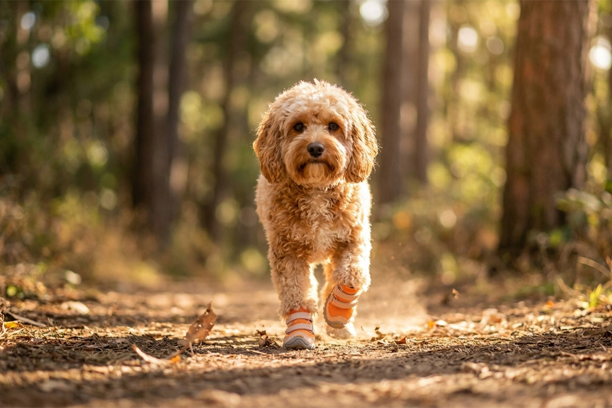 Golden doodle sprinting on a sunlit dirt trail wearing orange patent leather dog shoes that stay on securely.