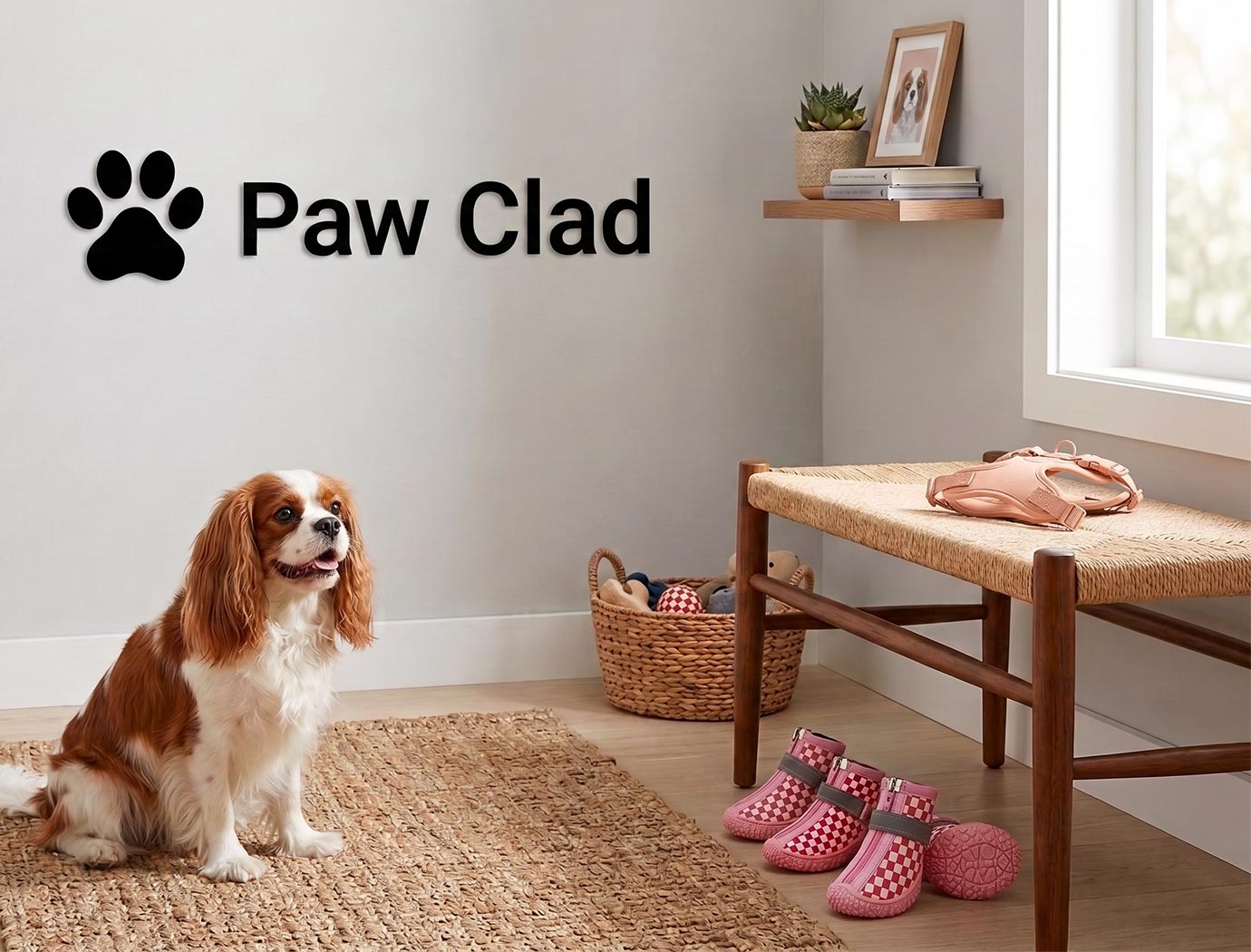 A Cavalier King Charles Spaniel sitting indoors next to Paw Clad pink checkered dog boots and a matching harness.