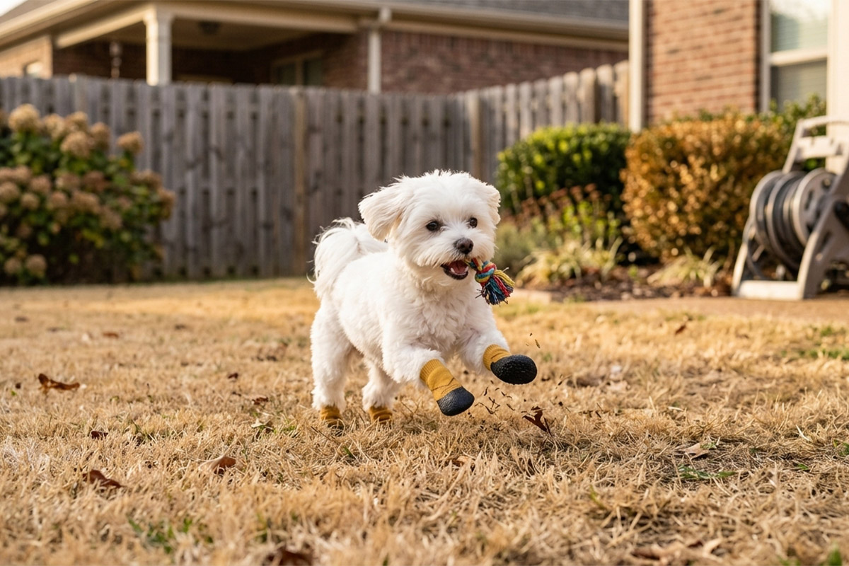 A small white Maltese running across a backyard lawn wearing camel tan paw protection dog socks.
