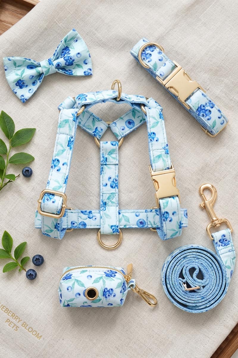 Blueberry pattern dog harness, leash, collar, and accessory set displayed on linen background.