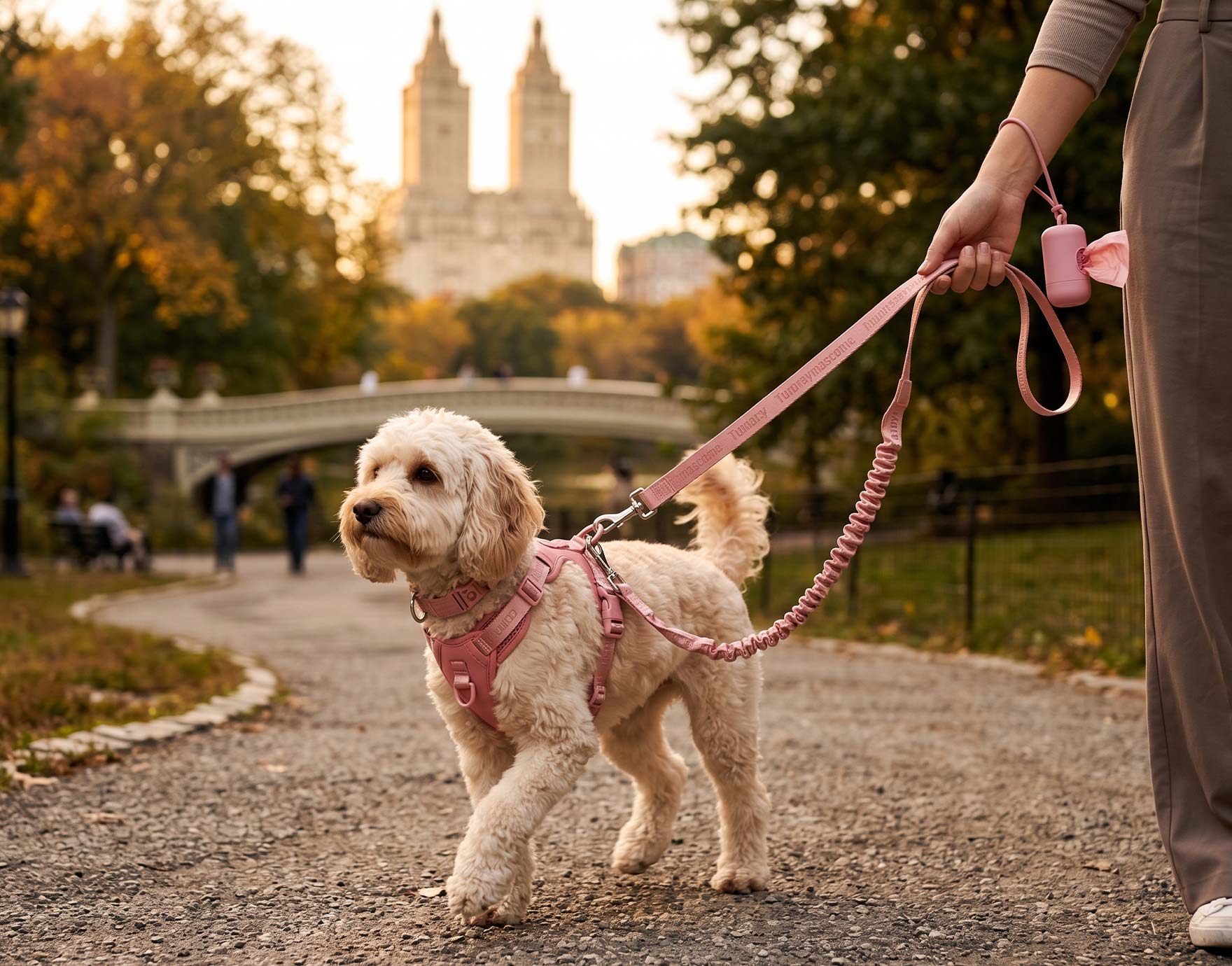 Fluffy dog walking in a park wearing a matching pink Paw Clad outdoor gear set with harness, leash, collar, and poop bag dispenser.