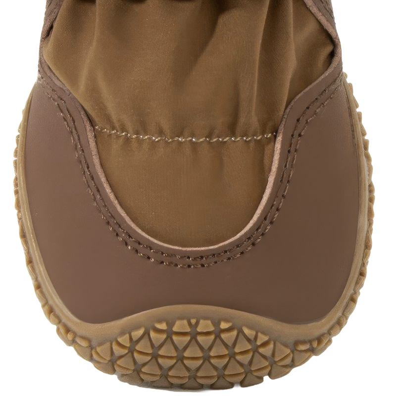Heavy-duty microfiber leather toe guard on protective hiking dog boots displaying tight double-stitched reinforcements.