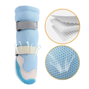 Multi-layer sandwich fabric analysis on protective walking dog boots showing the high-flow ventilation system.