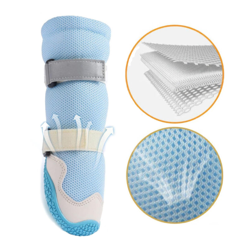Multi-layer sandwich fabric analysis on protective walking dog boots showing the high-flow ventilation system.