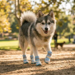 Active medium breed dog strolling down a sunny dirt pathway wearing protective walking dog boots.
