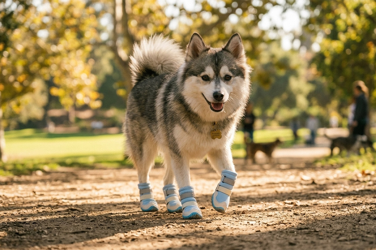 Active medium breed dog strolling down a sunny dirt pathway wearing protective walking dog boots.