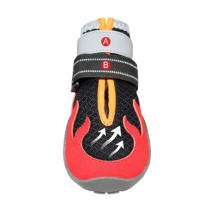 Dual Zone Locking Architecture And Multi Layer Airflow Layout Focus Technical close up of protective walking shoes for dogs marking the gray reflective collar A and adjustable Velcro strap B.