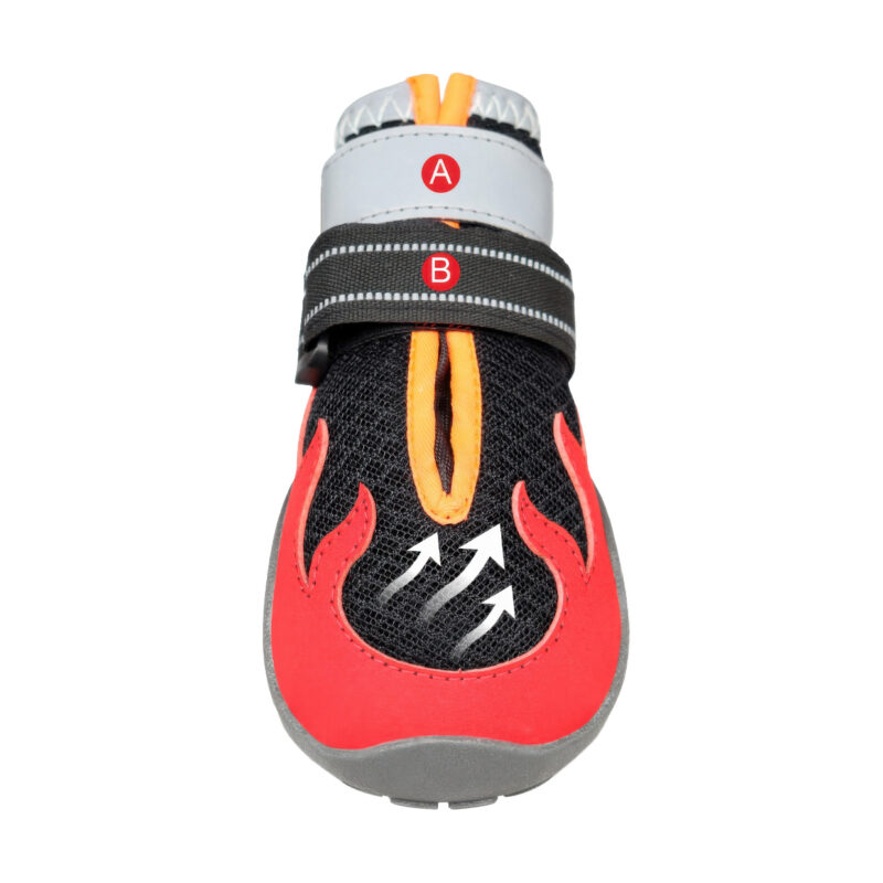 Dual Zone Locking Architecture And Multi Layer Airflow Layout Focus Technical close up of protective walking shoes for dogs marking the gray reflective collar A and adjustable Velcro strap B.