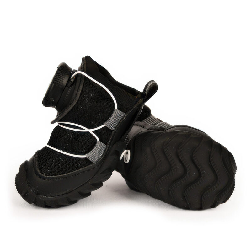 Stealth Black Quick Fastening Dial Dog Shoe Profile Side look at a stealth black quick fastening dial dog shoe showing the black chevron traction block outsole.