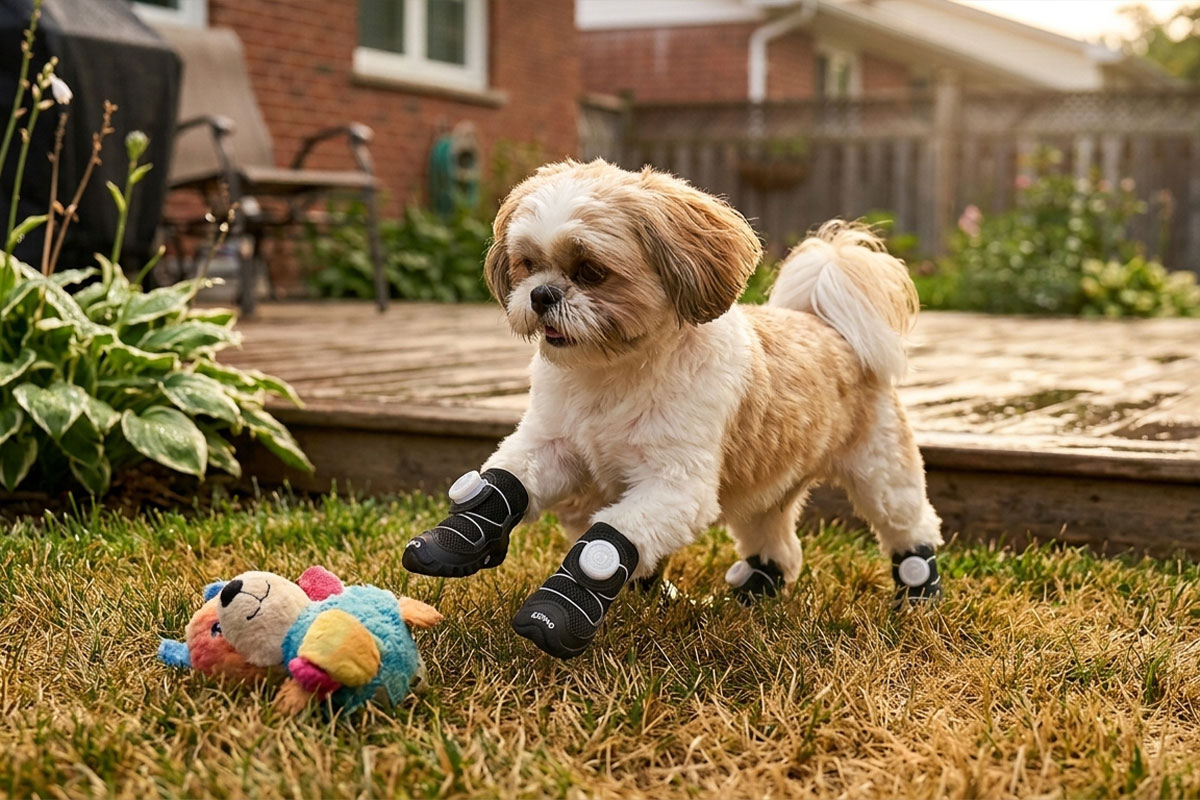 A small tan and white Shih Tzu dog leaping across grass toward a toy wearing stealth black quick fastening dial dog shoes.