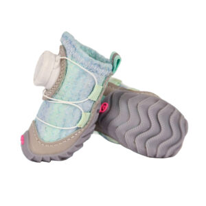 Side view of two stacked macaron blue rainbow glitter puppy running shoes highlighting the grey non-slip wave outsoles.