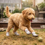 A golden Goldendoodle puppy running fast across backyard grass toward a ball wearing rainbow glitter puppy running shoes.