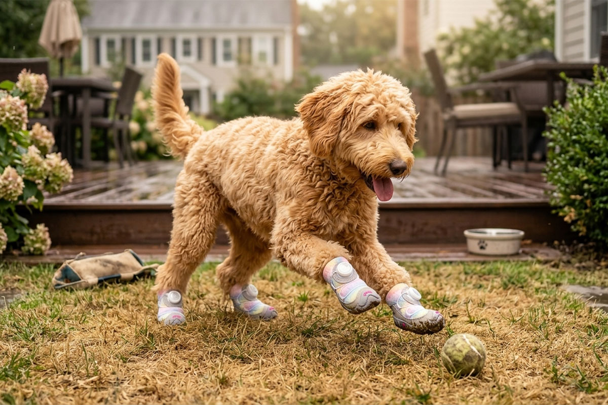 A golden Goldendoodle puppy running fast across backyard grass toward a ball wearing rainbow glitter puppy running shoes.