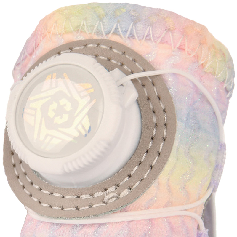 Macro view focusing on the white rotating wire dial and gray leather accent stitching on gradient dial-fit dog shoes.