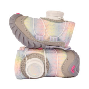 Side profile comparison of a pair of unicorn pink rainbow glow dial-fit dog shoes illustrating the soft fabric uppers.