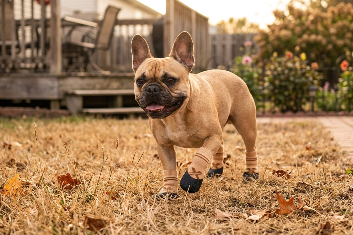 A French bulldog walking through dry backyard grass wearing khaki tan rainy day paw protectors.