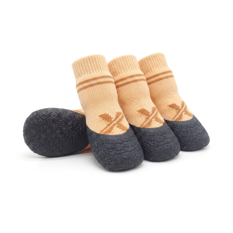 Khaki tan rainy day paw protectors featuring a flexible dark brown seamless rubber shell and contrast weave pattern.