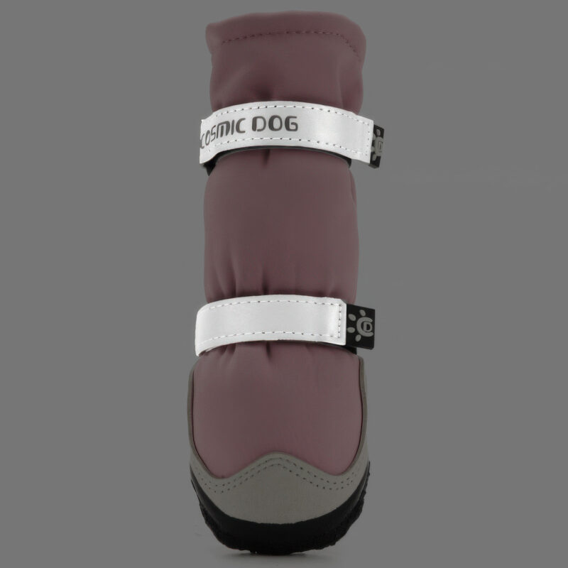 Reflective Dog Boots With Straps Night Safety Glow Retroreflective gray panels glowing bright on reflective dog boots with straps under dark environment conditions.