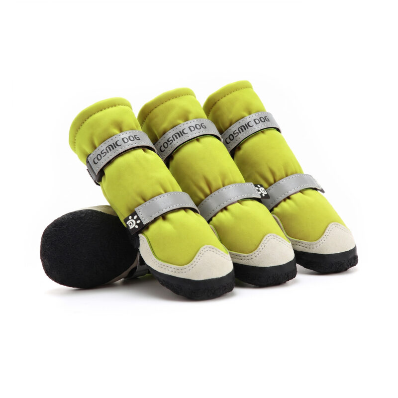 Reflective Dog Boots With Straps Mustard Yellow Reflective dog boots with straps in mustard yellow displaying high-visibility silver gray safety panels.