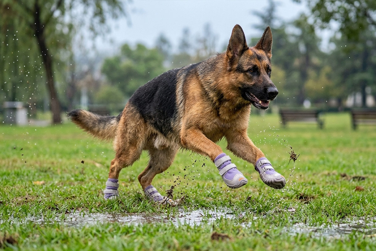 German Shepherd leaping forward on damp park grass wearing taro purple reflective dog shoes for walking safety.
