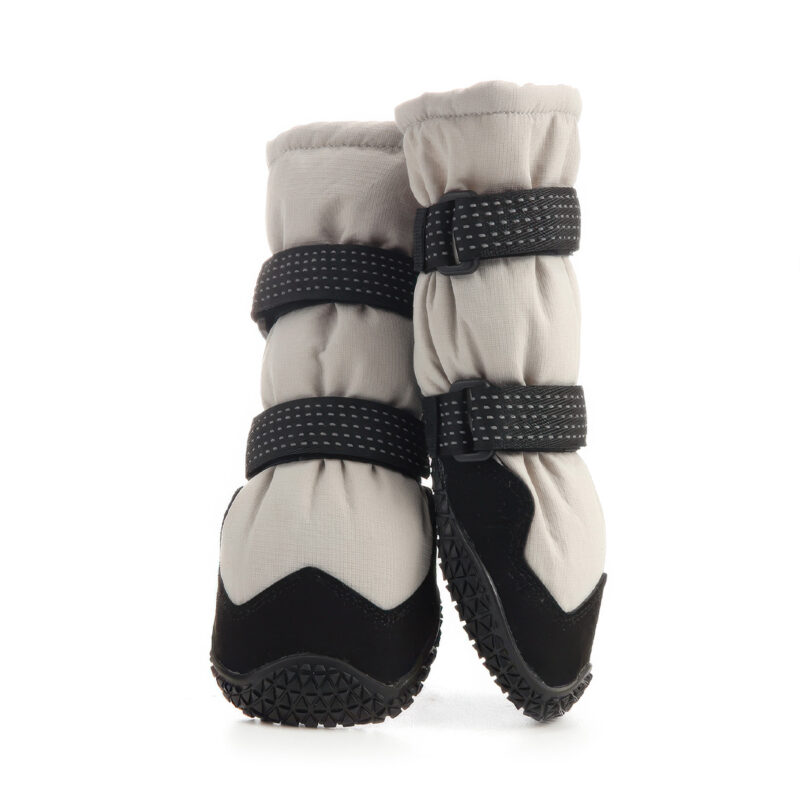 High-top warm dog boots in silver gray displaying the long sleeve chassis and dual adjustable magic closure bands.