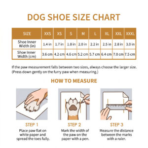 Reflective High-Top Winter Outdoor Dog Boots Size Chart Paw measurement guide, how to measure, and sizing chart for reflective high-top winter outdoor dog boots.