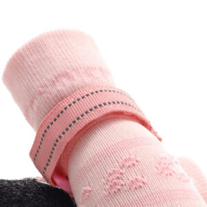 Detailed view of the stretch-knit ankle collar on pink reflective knit dog booties for dry comfort.