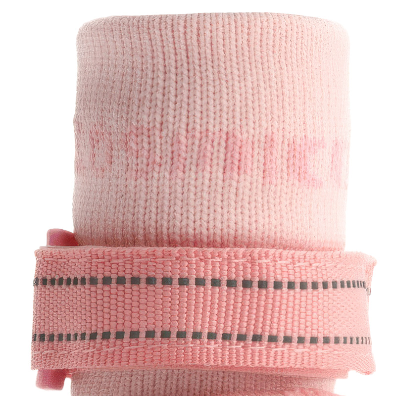 Close-up view of the high-stretch ankle sleeve and integrated tension strap on reflective knit dog booties.