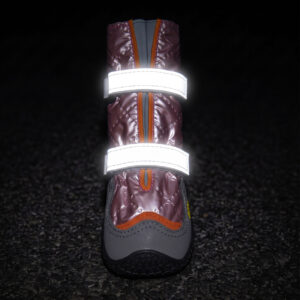 Reflective Paw Protection High Visibility Night Shroud Dual retroreflective straps glowing bright on reflective paw protection boots under dark night environment safety.