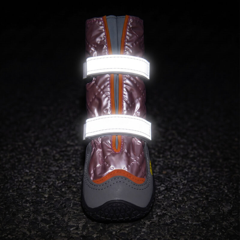 Reflective Paw Protection High Visibility Night Shroud Dual retroreflective straps glowing bright on reflective paw protection boots under dark night environment safety.