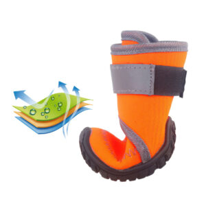 Reflective Soft-Sole Boots Material Structure Layer Analysis Reflective soft-sole boots in tangerine orange bent smoothly to show the flexible composite layers and breathability mesh.