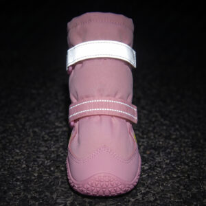 Reflective Velcro Strap Boots Night Safety Tracking Wide silver panels glowing bright on reflective velcro strap boots under dark night conditions for visibility safety.
