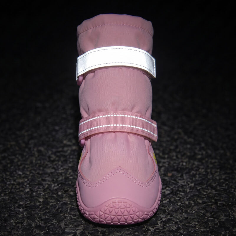 Reflective Velcro Strap Boots Night Safety Tracking Wide silver panels glowing bright on reflective velcro strap boots under dark night conditions for visibility safety.