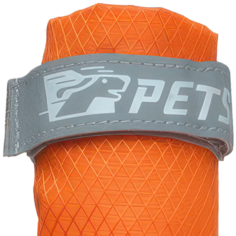 High-visibility silver grey tracking wrap on reflective velcro strap boots demonstrating precision stitching.