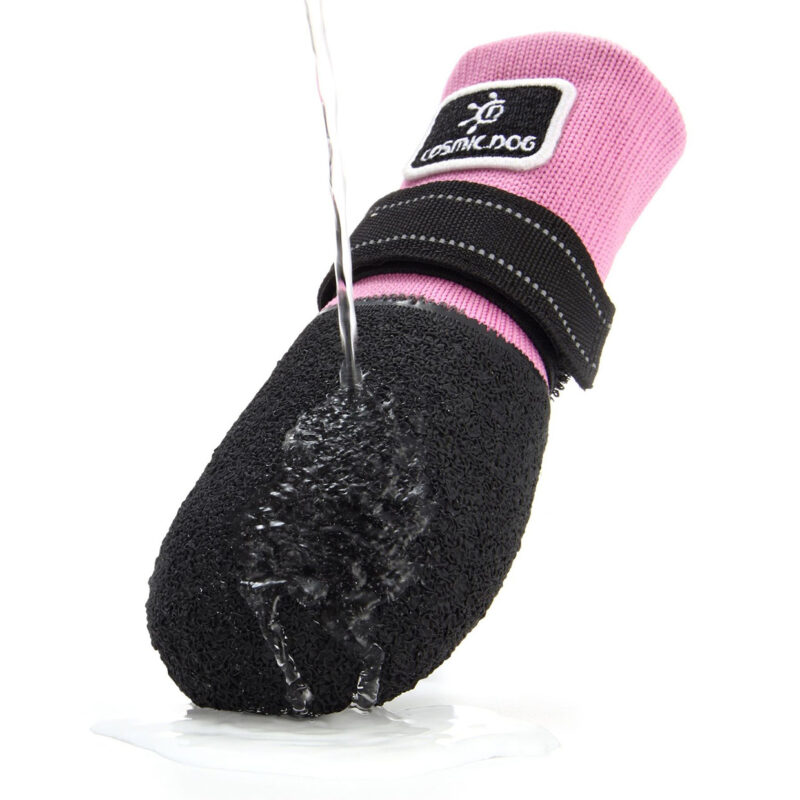 Waterproof Latex Dipped Shell Test Water poured over reflective waterproof dog booties to demonstrate the impervious seamless latex dipped shell.