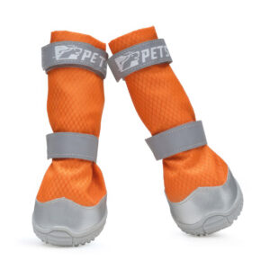 Reinforced toe dog shoes in tangerine orange showing the unique scalloped cap for impact protection on trails.