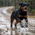 Rottweiler leaping dynamically through a muddy trail water puddle wearing denim blue sock-style dog boots.