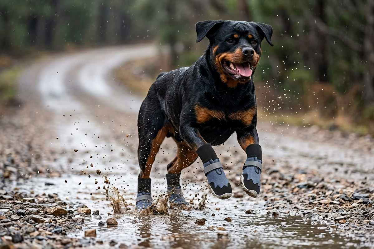 Rottweiler leaping dynamically through a muddy trail water puddle wearing denim blue sock-style dog boots.