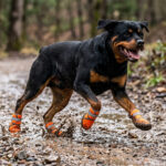 Rottweiler sprinting dynamically through a muddy trail puddle wearing tangerine orange waterproof neoprene dog boots.