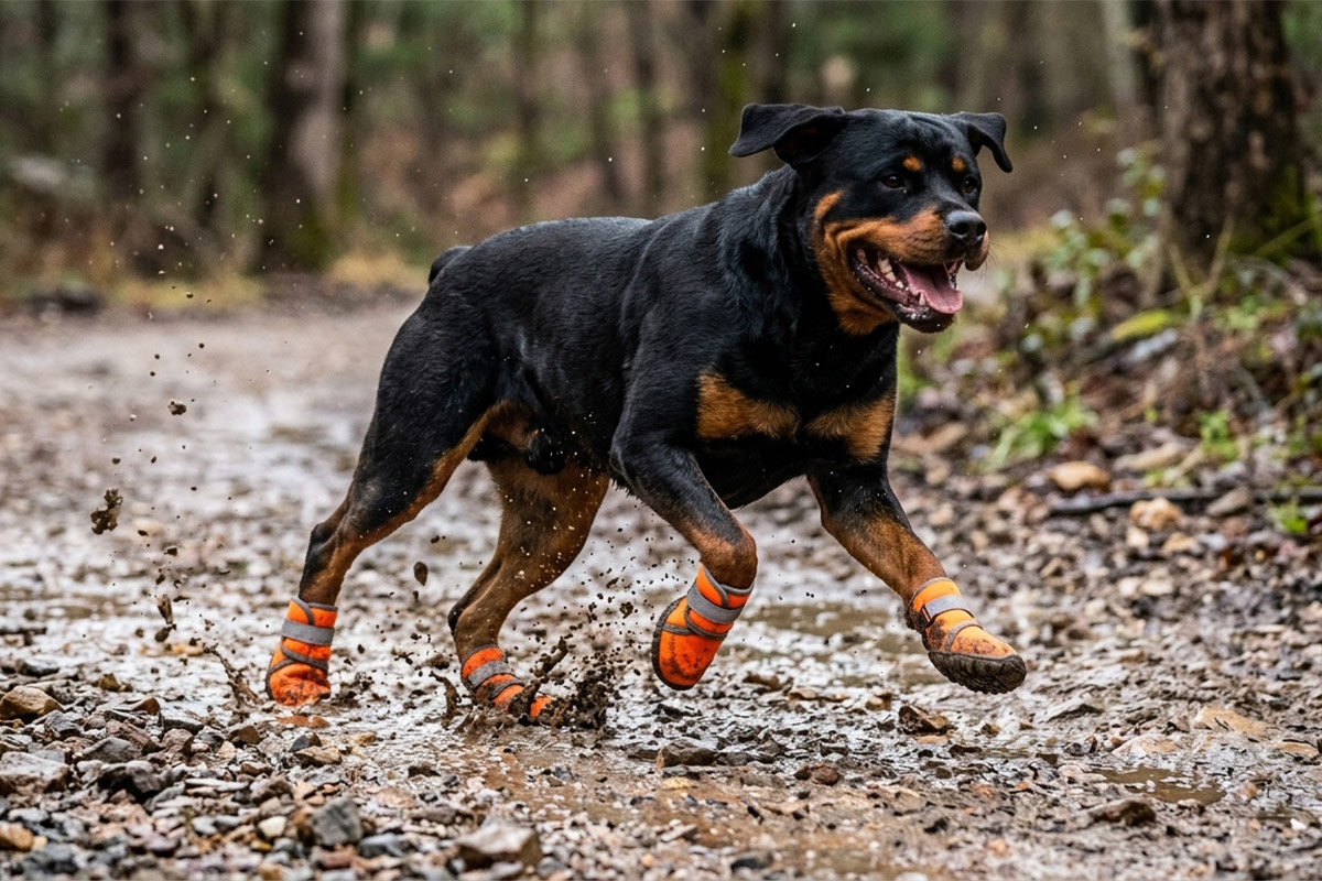 Rottweiler sprinting dynamically through a muddy trail puddle wearing tangerine orange waterproof neoprene dog boots.