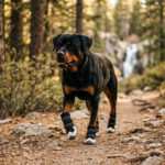 Rottweiler hiking on a dirt forest trail wearing protective hiking dog boots with cream trim.