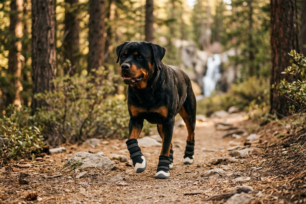 Rottweiler hiking on a dirt forest trail wearing protective hiking dog boots with cream trim.