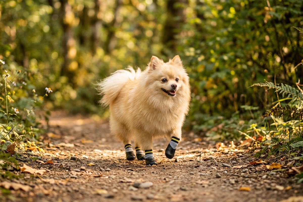 Fluffy Pomeranian trotting along a sunny forest dirt trail wearing protective silver gray rubber dipped dog socks.