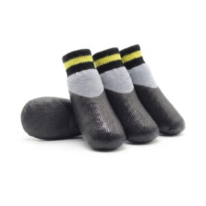 Silver Gray Rubber Dipped Socks Pack Silver gray rubber dipped dog socks featuring black latex bottoms and yellow accent stripes.