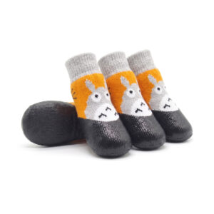 Gray and orange character printed rubber dipped dog socks with flexible waterproof rubber bases.